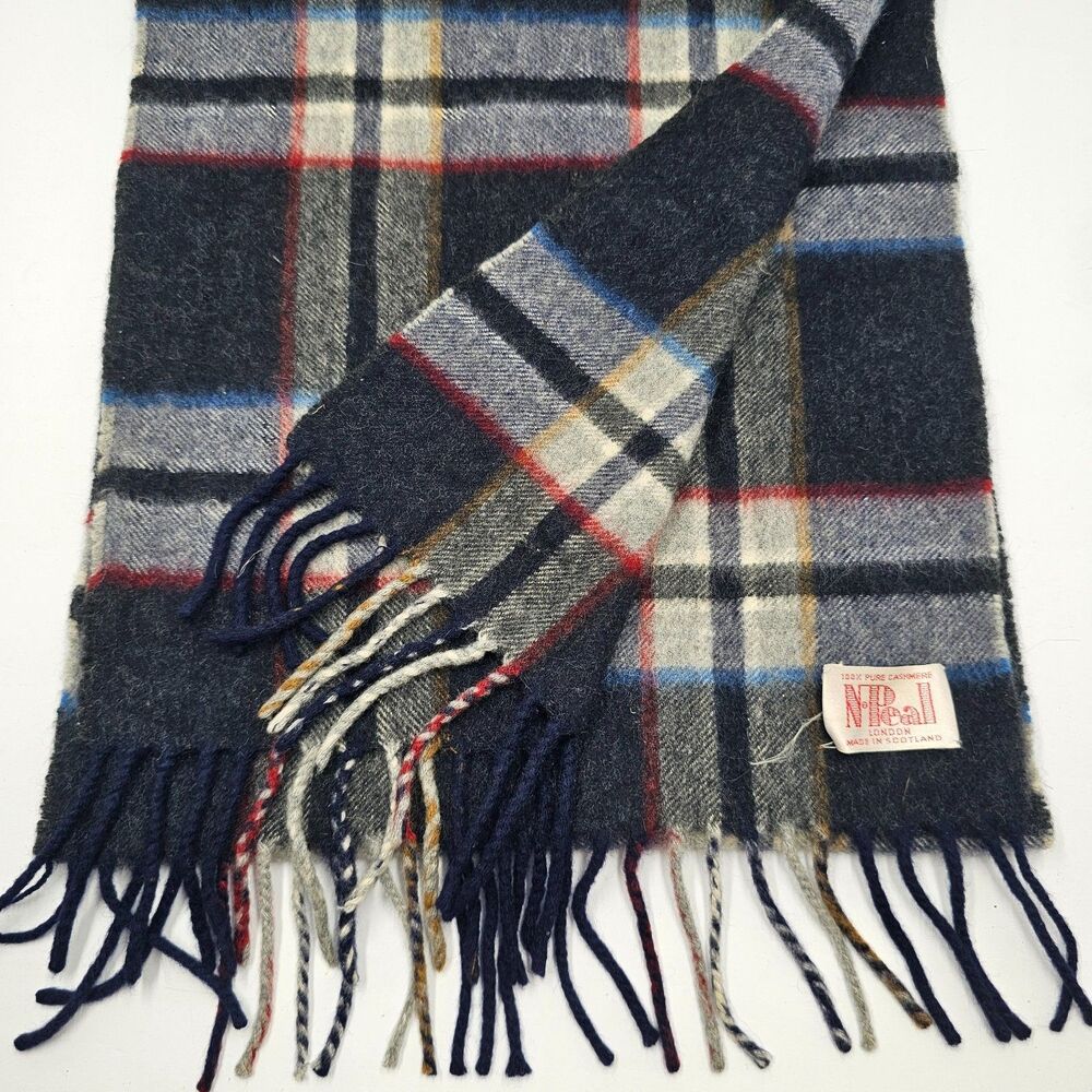 VTG N Peal London 100% Cashmere Scarf Plaid Made In Scotland Blue Navy Fringe